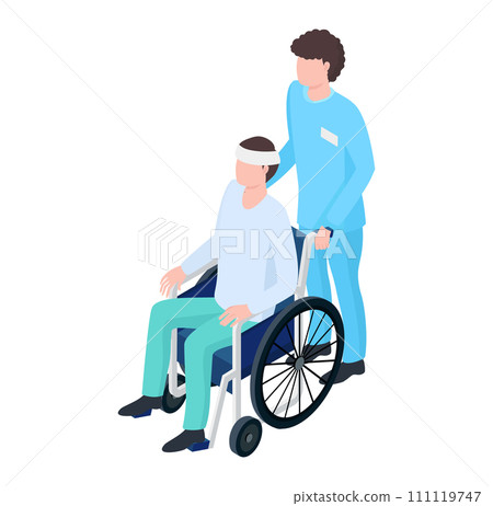 Male nurse pushing older man in wheelchair, both wearing casual and medical attire. Healthcare worker assisting elderly patient. Caring for disabled vector illustration. Male nurse pushing older man in wheelchair, both wearing casual and medical attire. Healthcare worker assisting elderly patient. Caring for disabled vector illustration. 111119747