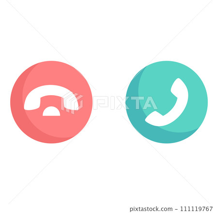Red and green circle icons with phone handset symbols. Communication concept buttons, call and hang up icons. Vector illustration of phone call actions. Red and green circle icons with phone handset symbols. Communication concept buttons, call and hang up icons. Vector illustration of phone call actions. 111119767