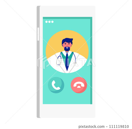 Male doctor with stethoscope on video call on smartphone screen. Virtual medical consultation concept. Telemedicine and healthcare application vector illustration. Male doctor with stethoscope on video call on smartphone screen. Virtual medical consultation concept. Telemedicine and healthcare application vector illustration. 111119810