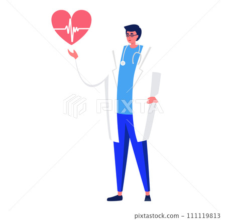 Male doctor in glasses and lab coat holding heart with pulse graph. Healthcare professional presenting cardiac health concept. Medical and cardiology theme vector illustration. Male doctor in glasses and lab coat holding heart with pulse graph. Healthcare professional presenting cardiac health concept. Medical and cardiology theme vector illustration. 111119813