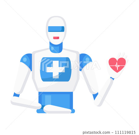 Medical robot with heart rate symbol on palm. Healthcare AI technology and cardiology concept vector illustration. Medical robot with heart rate symbol on palm. Healthcare AI technology and cardiology concept vector illustration. 111119815