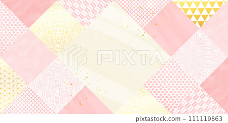 Japanese paper, watercolor style_Pink and gold square Japanese pattern background illustration 111119863