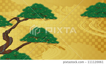 日式背景。金色背景與松樹和雲彩的插圖 111120061