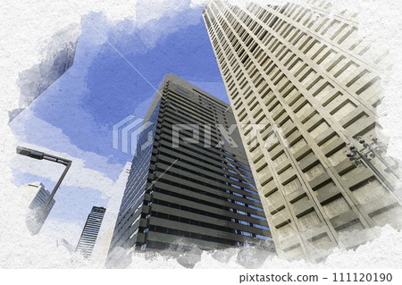 Watercolor style Nishi-Shinjuku Shinjuku Monolith Building Shinjuku-ku, Tokyo 111120190
