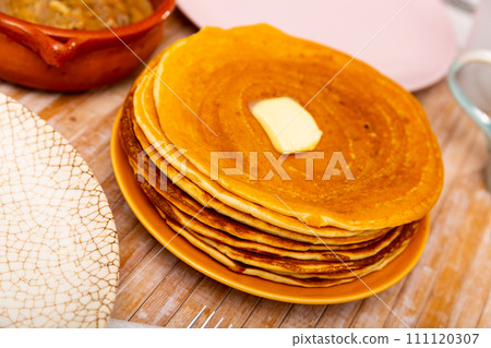 Machanka and pancakes - Belarusian cuisine, traditional assorted dishes closeup 111120307