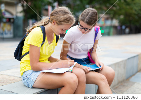Two schoolgirls doing their homework outdoors Two schoolgirls doing their homework outdoors 111120366