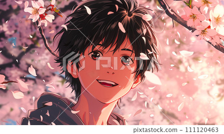 Anime style illustration of cherry blossoms in full bloom and a smiling boy "AI generated image" 111120463