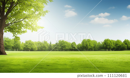 Green lawn and trees background with copyspace. Nature background concept. Generative AI 111120681