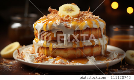 Bake banana cake on black background. Generative AI 111120743
