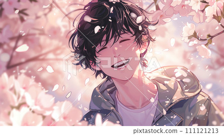 盛開的櫻花和慈祥的男人的動漫風格插畫“AI生成圖像” 111121213