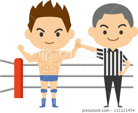 裁判舉起獲勝者（男摔角手）手臂的插圖 111121454