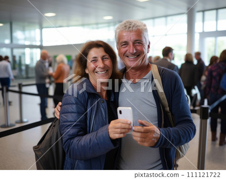 AI-generated content. Woman and man holding phone happily posing at airport before traveling. AI 111121722