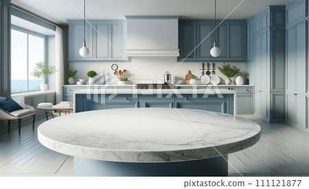 AI-generated content. featuring copy space on a white stone marble table top in a modern minimalistic kitchen. The scene should include an empty counter 111121877