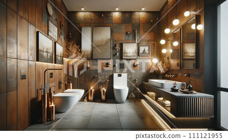 AI-generated content. A modern bathroom design featuring rusty tiles that add a unique charm. The bathroom is equipped with stylish lighting fixtures that enhance AI-generated content. A modern bathroom design featuring rusty tiles that add a unique charm. The bathroom is equipped with stylish lighting fixtures that enhance 111121955