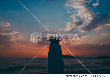 Silhouette of a young woman watching the sunset over a sea of clouds 111122028