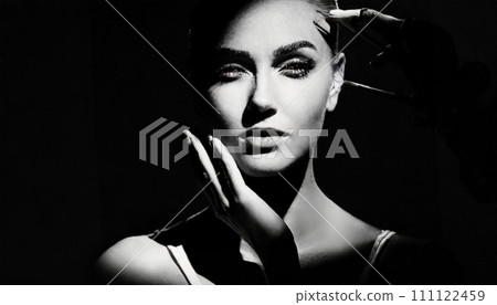 Image of beauty, foreign model woman, monochrome photo, black and white photo 111122459