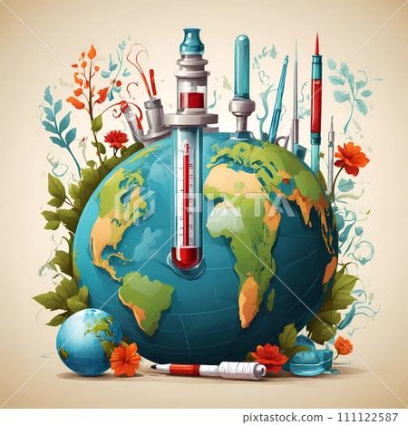 thermometer, medicine bottle and syringe. Be aware of health care on World Health Day.  111122587