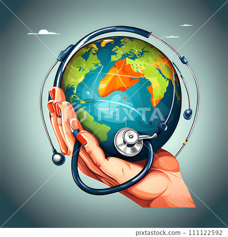 hand holding the earth with a stethoscope wrapped around the earth. Health care awareness, World Health Day.  111122592