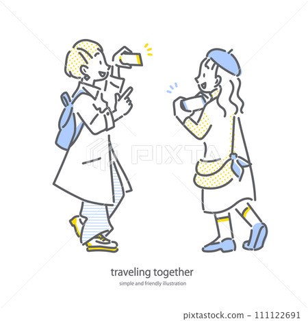 一位年輕女子一邊享受觀光,一邊用智慧型手機拍照。簡單又時尚的線條畫插圖。 一位年輕女子一邊享受觀光,一邊用智慧型手機拍照。簡單又時尚的線條畫插圖。 111122691