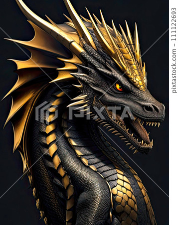 Black dragon on dark. Dragon head. Black and gold colors. Generative AI 111122693