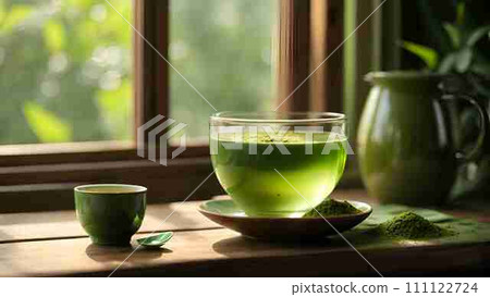 A comforting warm beverage made with green tea and matcha powder. 111122724
