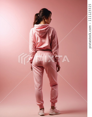 Beautiful athletic model in tracksuit on light pink background. Beautiful athletic model in tracksuit on light pink background. 111123315