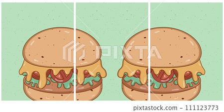 Retro groovy cartoon Burger poster set. Vintage fast food retro colors. Flat style and free space. Funky vector illustration 111123773