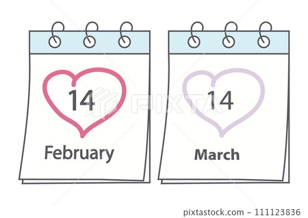 Calendar pages with 14 February and 14 March date. Design concept for Valentines Day and White Day 111123836