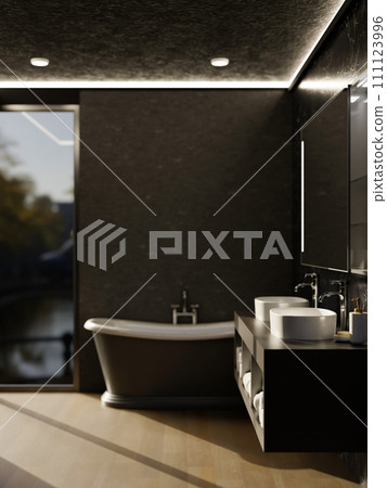 A modern, luxurious black bathroom with a bathtub, double vanity sink, a mirror, and black walls. 111123996