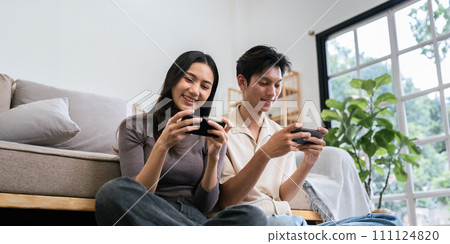 couple man and woman talking working spend time together at home, Asian couple lifestyle concept 111124820