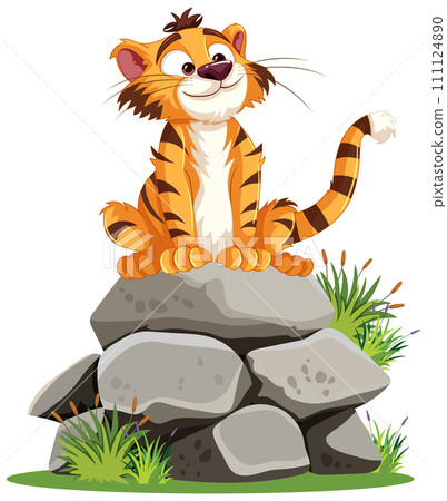 Cheerful Tiger Cub on Rocky Perch 111124890