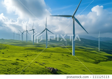 AI-generated content. Windmills turbines in a natural field. Renewable Energy concept. Generative AI 111125113