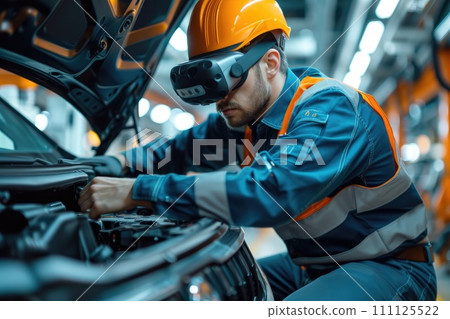 AI-generated content. Technician EV car Engineer using virtual reality goggle software to check EV vehicle. Generative AI 111125522