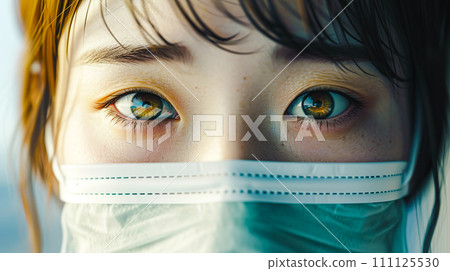 戴著面具的焦慮年輕女子的眼睛特寫“人工智能生成的圖像” 111125530