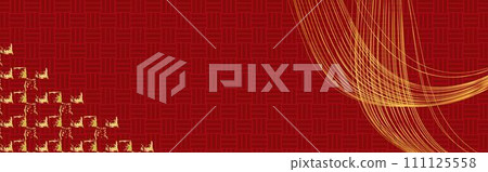 Arranged background of red three-piece pattern and gold streamlines and handwriting 111125558
