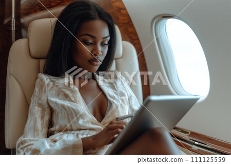 AI-generated content. Business people working with digital tablet on aeroplane. Generative AI AI-generated content. Business people working with digital tablet on aeroplane. Generative AI 111125559
