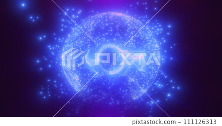 Abstract blue purple glowing digital high-tech futuristic energy plasma sphere with lines and particles on dark black background 111126313