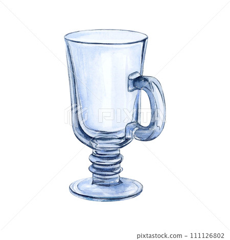 Glass cup watercolor drawing. Glassware transparent on leg. Drinkware aquarelle isolated white background. Goblet clear utensil tableware. Glassful tumbler vial. Tea drink coffee. Handle hot beverage Glass cup watercolor drawing. Glassware transparent on leg. Drinkware aquarelle isolated white background. Goblet clear utensil tableware. Glassful tumbler vial. Tea drink coffee. Handle hot beverage 111126802