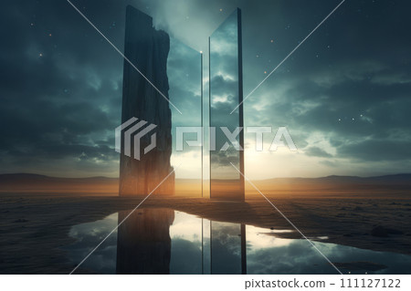 Futuristic landscape with mirror portal. Travel to fantasy world Futuristic landscape with mirror portal. Travel to fantasy world 111127122