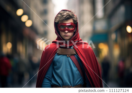 Boy wearing superhero costume at city street Boy wearing superhero costume at city street 111127124