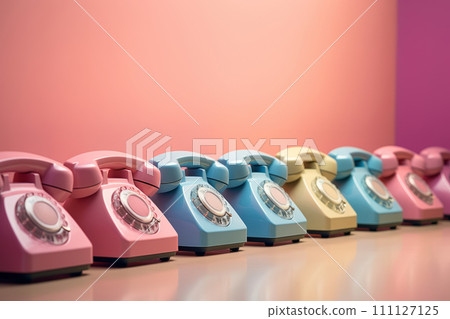 Colored retro telephones on pink background. 111127125