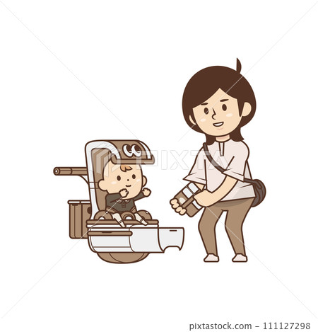 Woman taking out luggage [Living with a robot, stroller, relaxing, walking, going out] Illustration 111127298