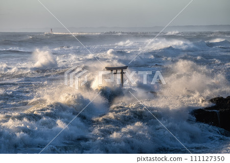 Oarai Isosaki Shrine Kamiiso torii morning with rough waves Oarai Isosaki Shrine Kamiiso torii morning with rough waves 111127350