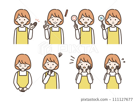 Facial expression set of a woman wearing an apron_upper body Facial expression set of a woman wearing an apron_upper body 111127677