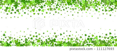 St. Patrick Day shamrock clover background. Vector border with flying green leaves for posters banners and greeting cards. 111127693