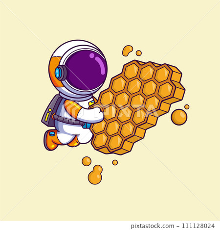Cute astronaut with Honeycombs in the shape of hexagon, puddle of honey, cartoon character of illustration Cute astronaut with Honeycombs in the shape of hexagon, puddle of honey, cartoon character of illustration 111128024