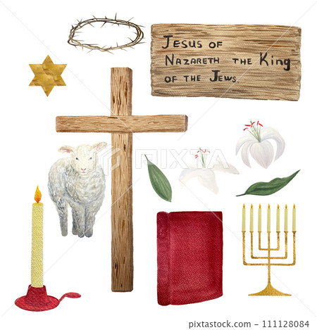 Watercolor wooden cross, lamb, crown of thorns, candle Bible for Easter, religious illustration isolated on white 111128084