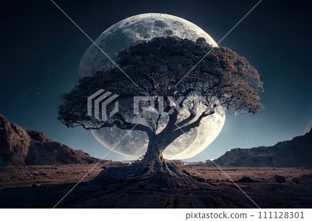 Tree against the full moon at night. AI generated 111128301
