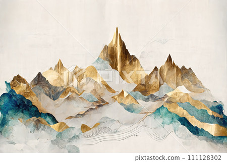 Grunge watercolor mountains landscape with golden color. AI generated 111128302