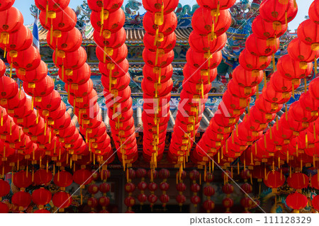 Chinese new year lantern in chinatown area. Translate chinese alphabet " Fu " on Lantern meaning good fortune. 111128329
